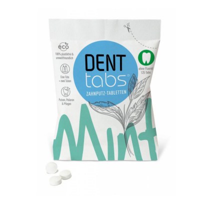 Denttabs Tandenpoets tabletten -  fluoride vrij Zonder Fluor, tandenpasta zonder fluoride, natuurlijke tandpasta, zero-waste tandpasta, tandpasta tabletten, Denttabs,